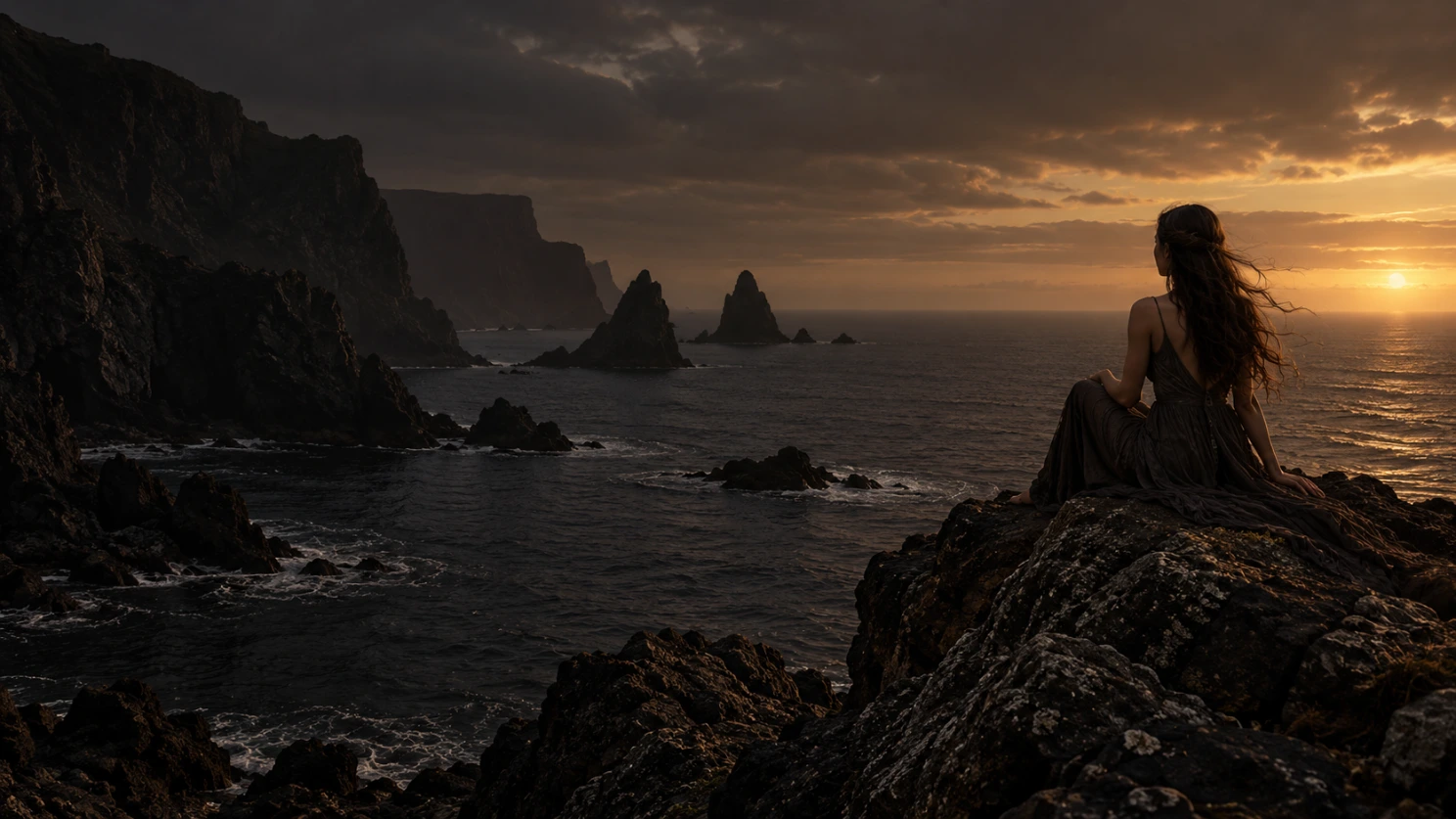 Siren sculpture on a dark rocky shore