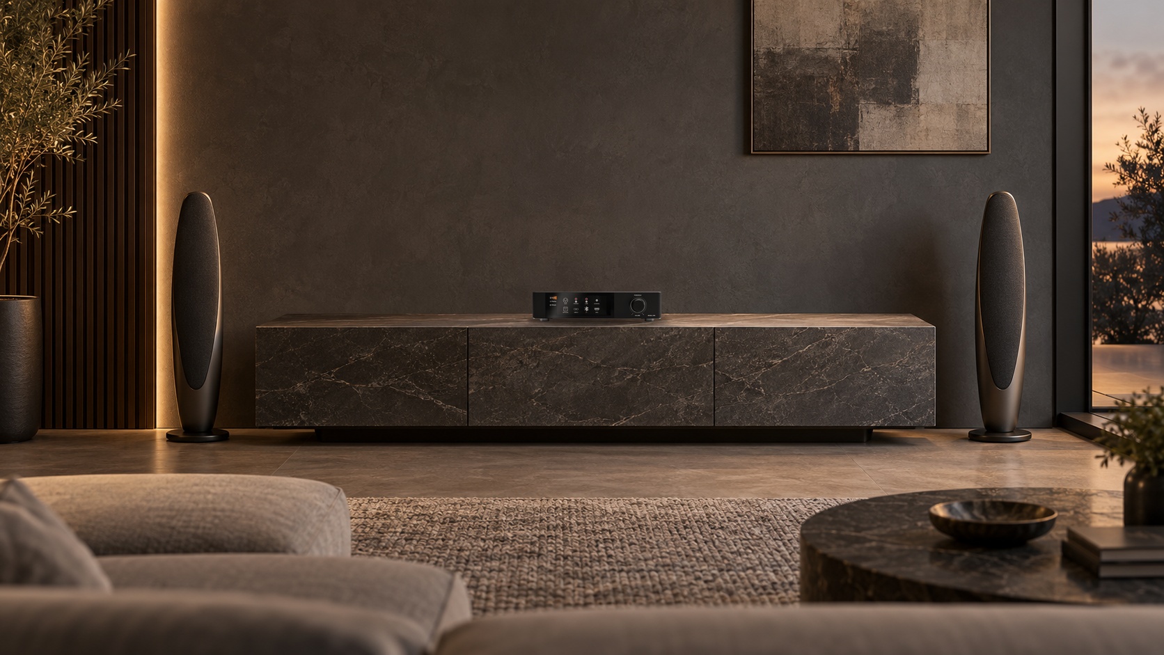Model One in a living room with slim floorstanding speakers